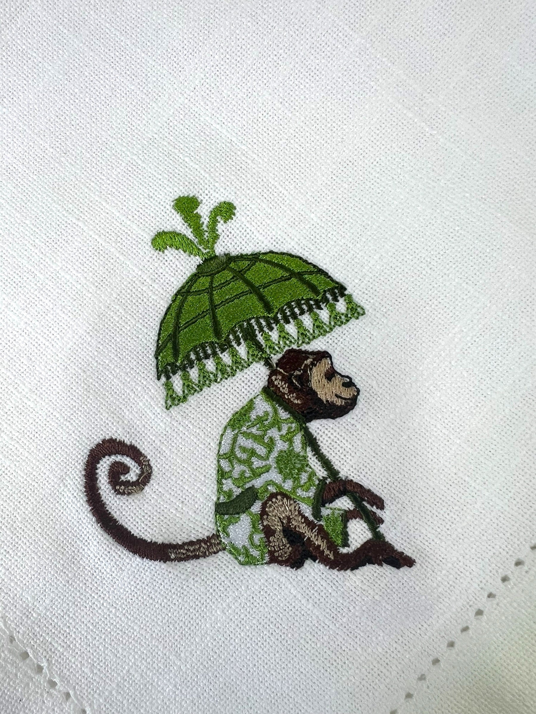 Chinoiserie Green Embroidered Monkey Parasol