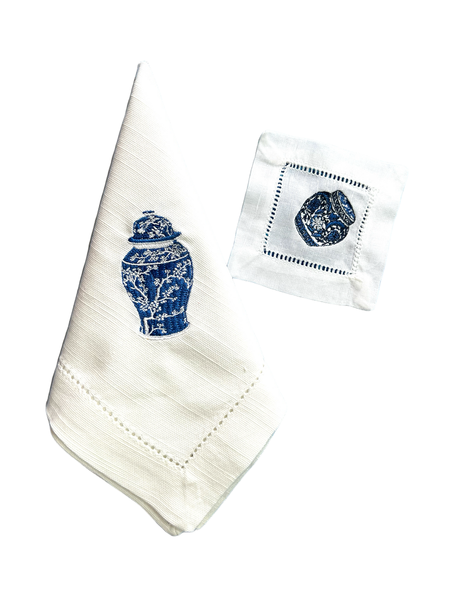 Embroidered Blue Chinese Jar Coaster & Napkin Set