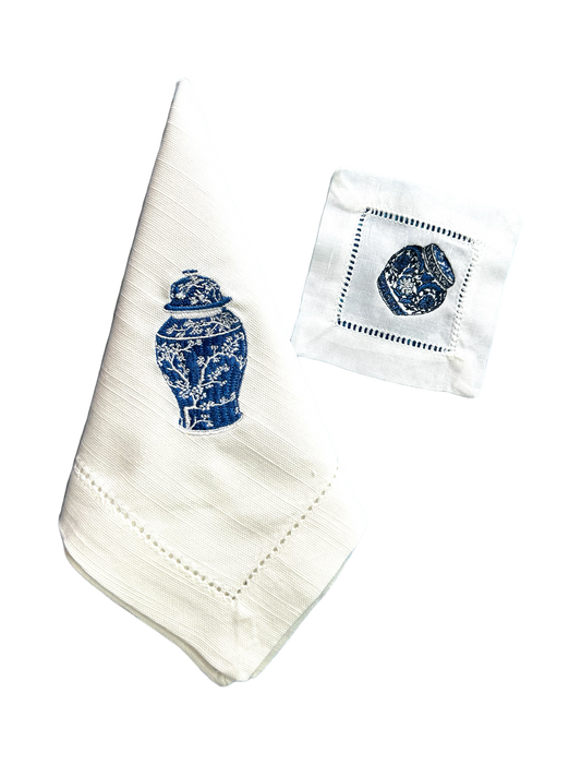 Embroidered Blue Chinese Jar Coaster & Napkin Set