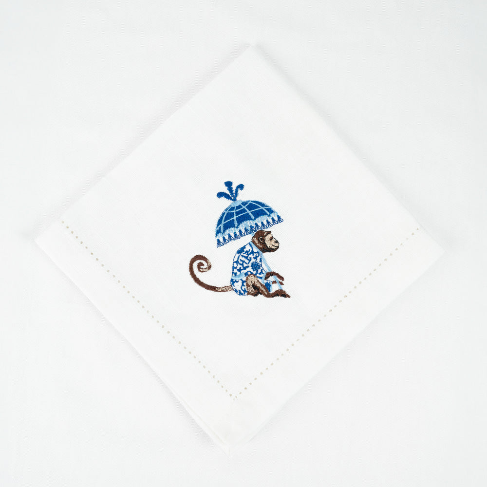 Chinoiserie Blue Monkey Parasol Napkin Embroidery 46x46