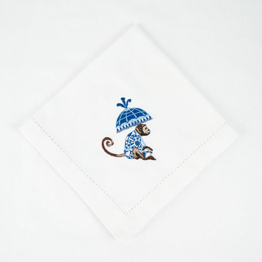 Chinoiserie Blue Monkey Parasol Napkin Embroidery 46x46