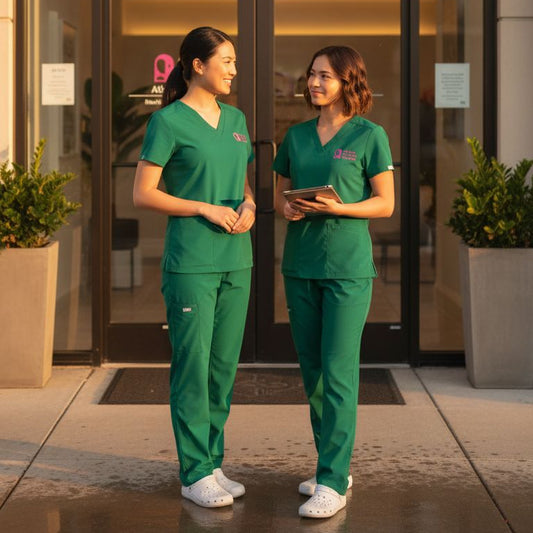 Two healthcare professionals in green scrubs standing outside a building.