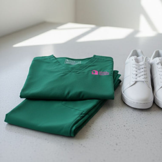 Green shirt with a logo and white sneakers on a light surface near a window.