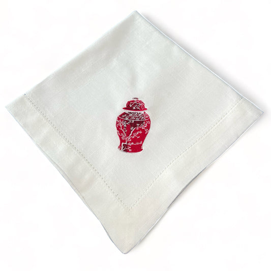 Embroidered Napkin Red Chinese Jar