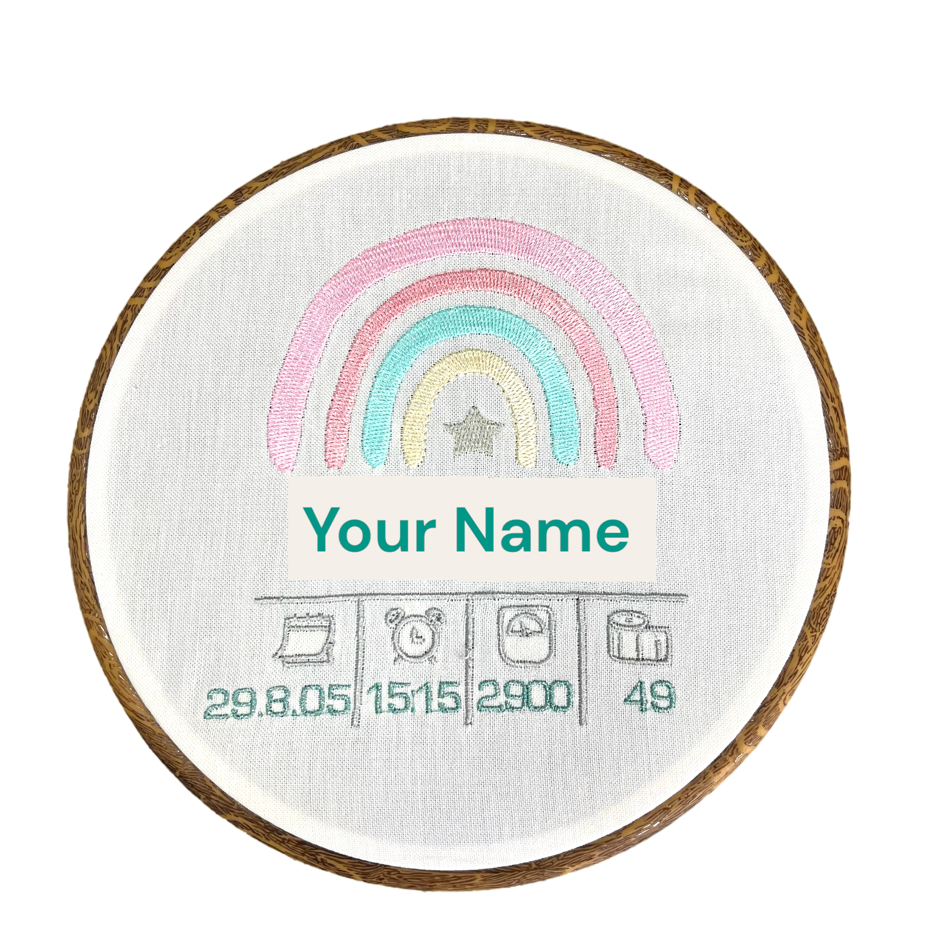 Embroidered Newborn stats rainbow wall art