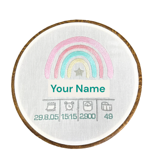 Embroidered Newborn stats rainbow wall art
