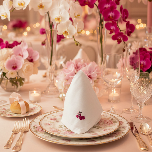 elegant embroidered napkin with a beautiful orquid