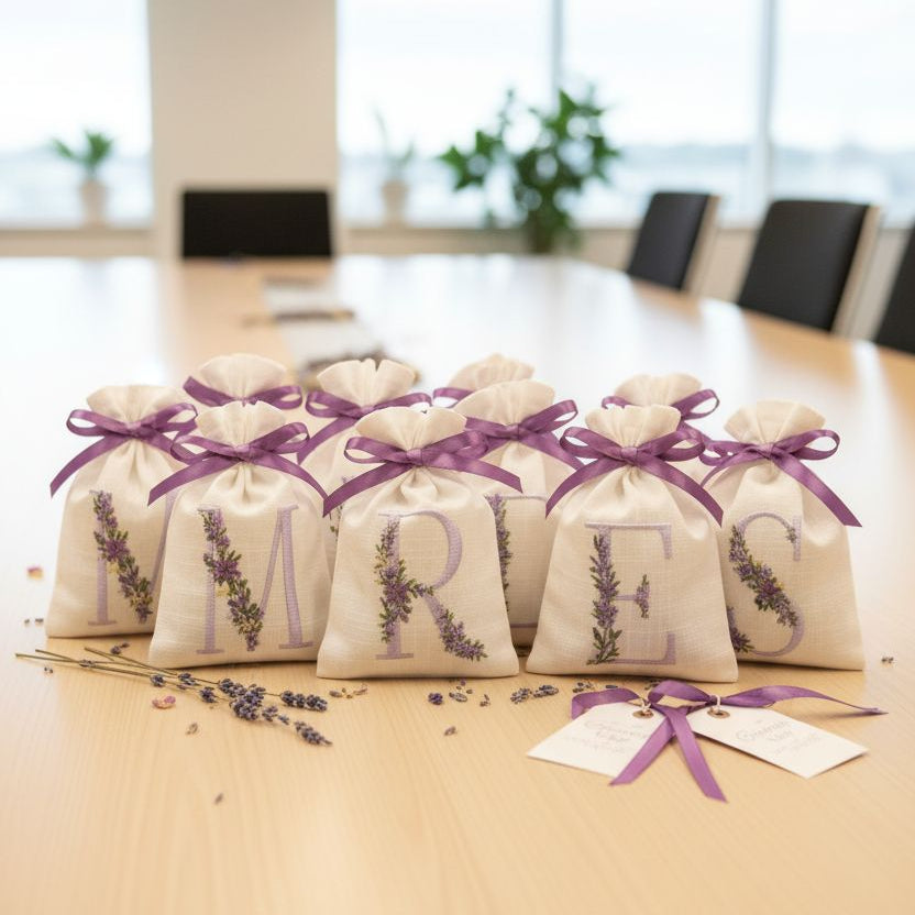 Bags labeled 'MRS' with lavender on a table in an office setting