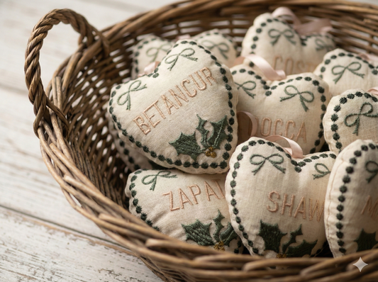 Custom Christmas Hearts in Natural Tones | Marvil Embroidery