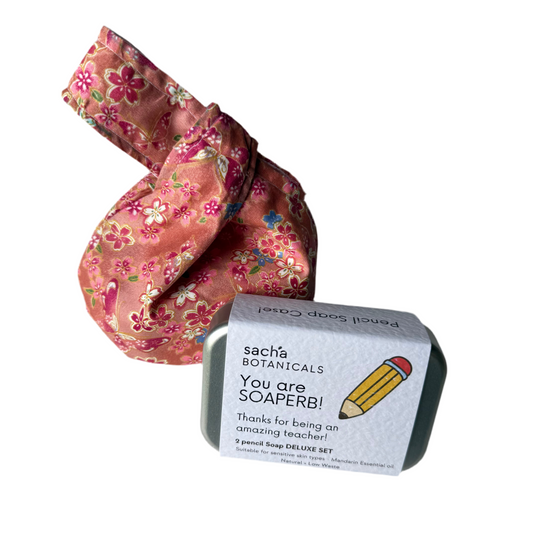 Floral handmade bag with a tin from Sasha botanical with soap shape of pencil for teacher day