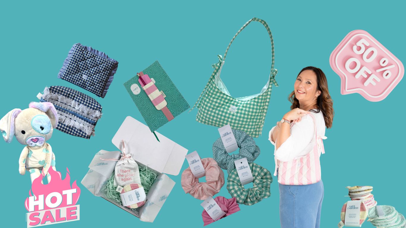 Promotional image with various products and a '60% off' sign on a teal background.