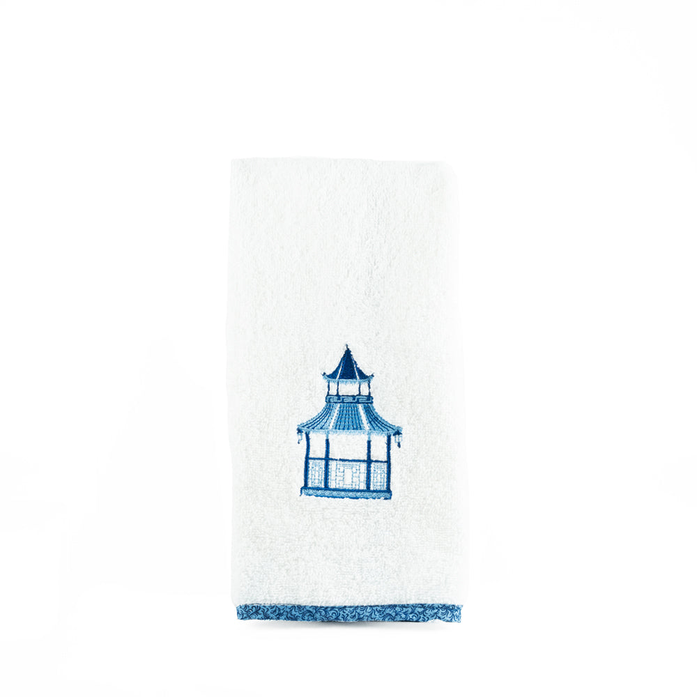 Chinois Blue Pavilion Pagoda Hand Towel Embroidery