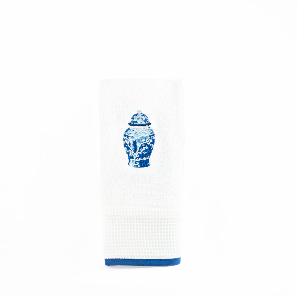 Chinoiserie Blue Jar Hand Towel Embroidery