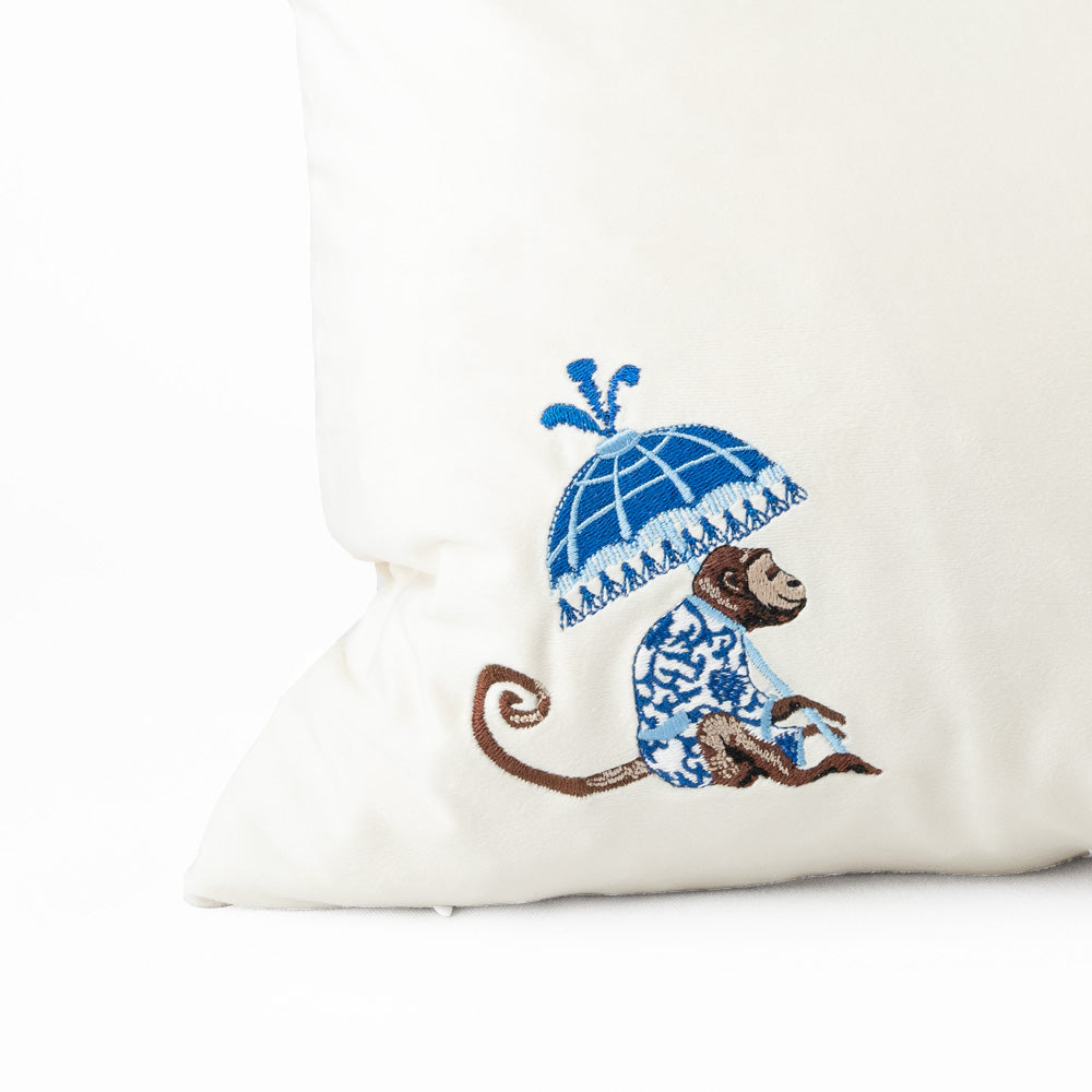 Chinoiserie Blue Monkey Parasol Cushion Cover Embroidery - Details