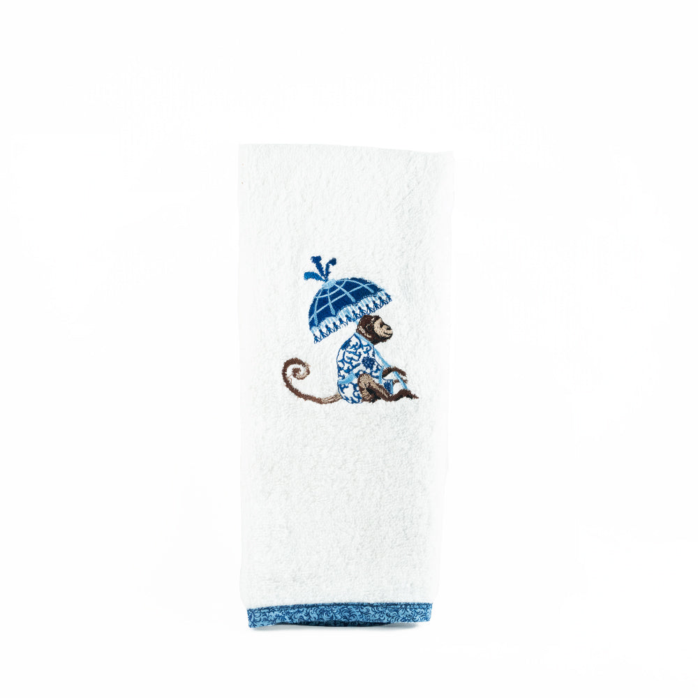 Chinoiserie Blue Monkey Parasol Hand Towel Embroidery