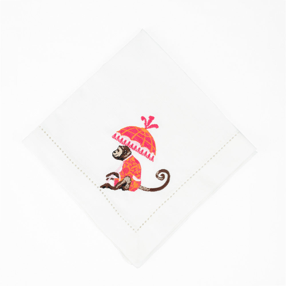 Chinoiserie Pink Monkey Parasol Napkin Embroidery - Details