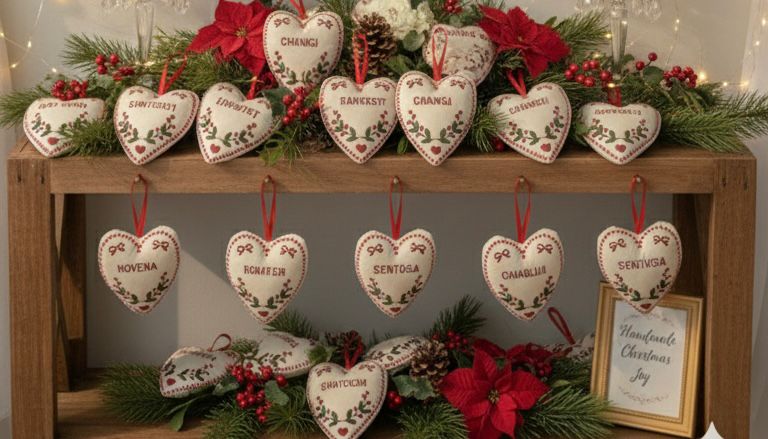 Decorative heart-shaped ornaments on a wooden shelf with Christmas decorations.