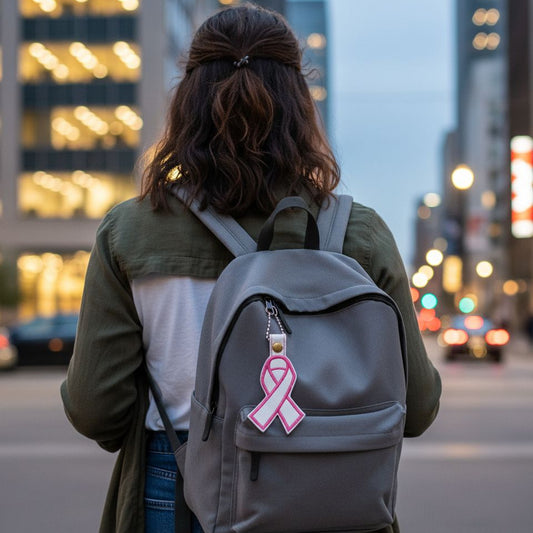 Person with a gray backpack featuring a pink ribbon on a city street