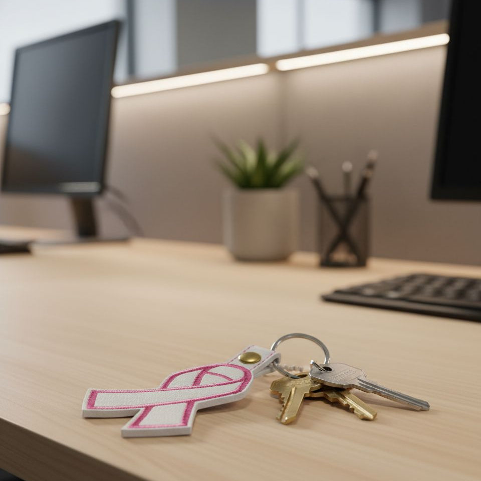 Pink ribbon keychain on a desk with office setting in the background