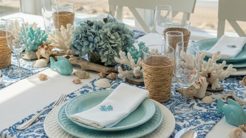 Table setting with blue and white decor, including plates, napkins, and glasses, on a tablecloth with a beach theme.